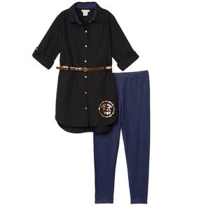 Black & Gold Belted Shirt Dress & Blue Leggings